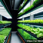 Home 22 푸드테크 혁신 기술 및 트렌드 - A modern vertical urban farm inside a spacious, sunlit high-rise building in a bustling Middle Easte...