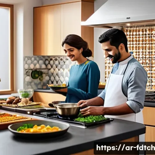 Home 33 푸드테크 스타트업의 소비자 교육 방안 - A modern Middle Eastern kitchen scene featuring an Arabic-speaking family using a smart cooking devi...