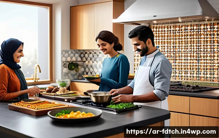 푸드테크 스타트업의 소비자 교육 방안 - A modern Middle Eastern kitchen scene featuring an Arabic-speaking family using a smart cooking devi...