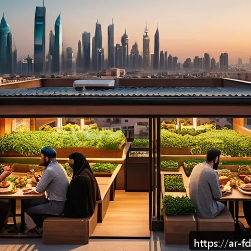 Home 30 푸드테크 스타트업의 다양한 수익 모델 - A modern Middle Eastern urban rooftop cafe scene at sunset, featuring a diverse group of young Arabi...