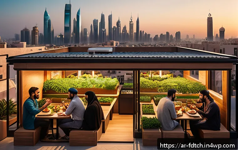 푸드테크 스타트업의 다양한 수익 모델 - A modern Middle Eastern urban rooftop cafe scene at sunset, featuring a diverse group of young Arabi...