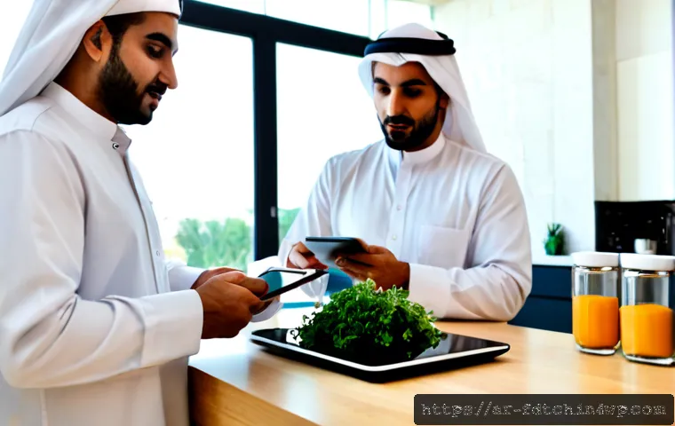 푸드테크 스타트업의 영향력 있는 트렌드 - Photorealistic modern food-tech startup kitchen in Dubai, diverse Arab founders in modest profession...